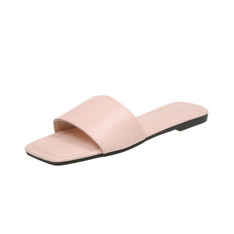 Flat-bottomed slippers women's summer outer wear new summer square head one-word drag large size cool slippers factory