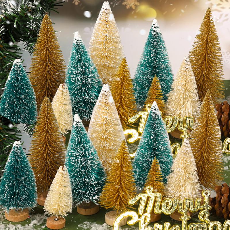 Artificial Mini Christmas Tree DIY Crafts Sisal Pine Tree Desktop Miniature Ornaments with Wood Base Winter Xmas Party Decor