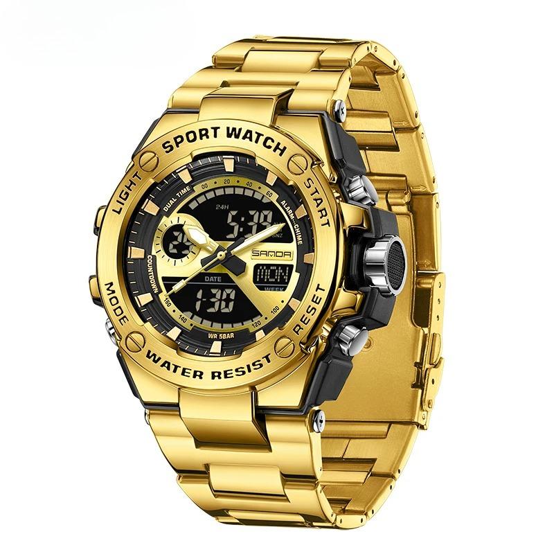 Top Brand Quartz Watches for Men Stainless Steel Dual Display Sport Wristwatch Waterproof LED Digital Electronic Men Clock