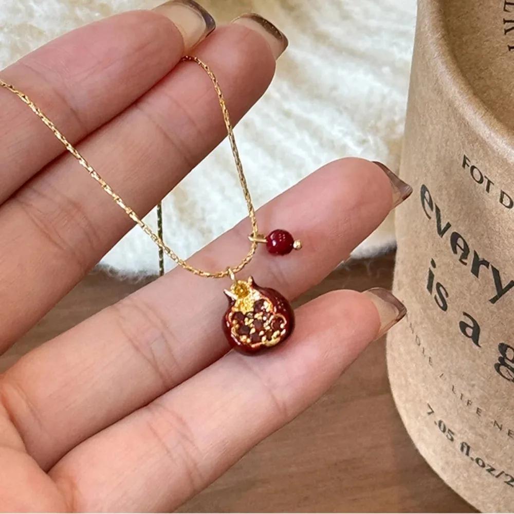 Enamel Red Fruit Gold Color for Women Necklace and Earrings Cute Pomegranate Girl Jewelry Set