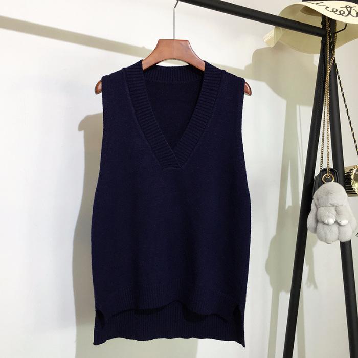 

Autumn and Winter Simple V-neck Retro Vest Knitted Women s Clothing Pullover Loose Sleeveless Vest S темно-синього кольору