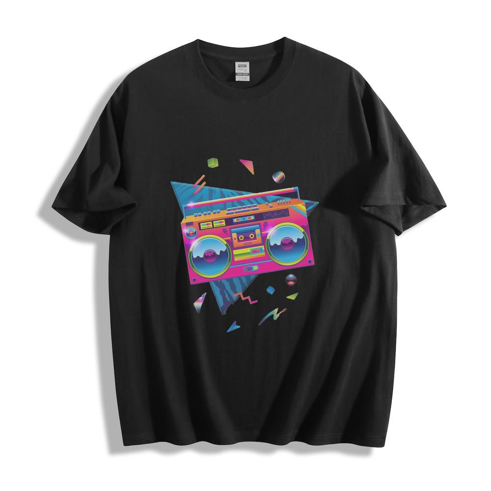 Retro Boombox 80s T-Shirt - Vibrant Neon Party Design Unisex Tee
