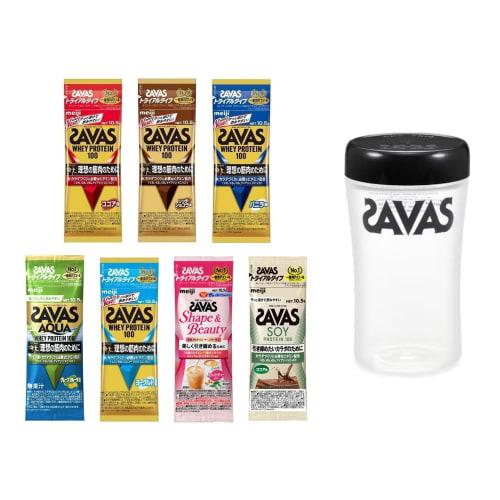 

SAVAS Whey Protein 7-Pack Set (1 each of Cocoa, Chocolate, Soy, Yogurt, Vanilla, Grapefruit, and Milk Tea) + Black Shaker Trial Set (First-Time Purcha