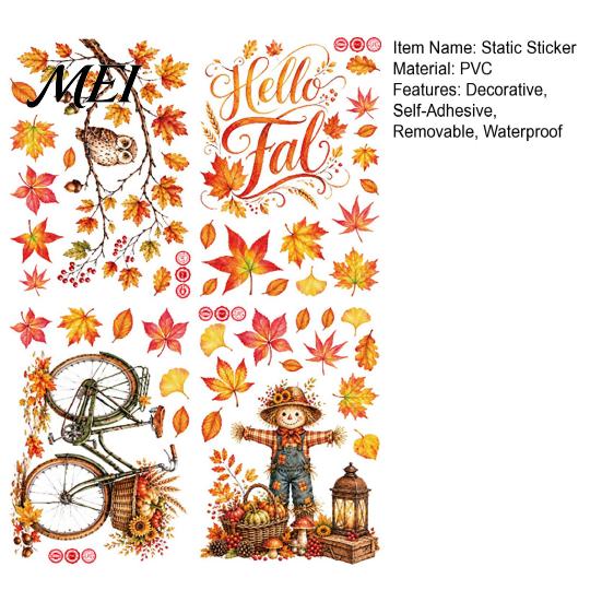 Scarecrow Owl Window Art 6 Sheets Autumn Harvest Static Stickers, Maple Leaves Scarecrows Bicycle Theme Glass Decor Thanksgiving Decals, Reusable PVC