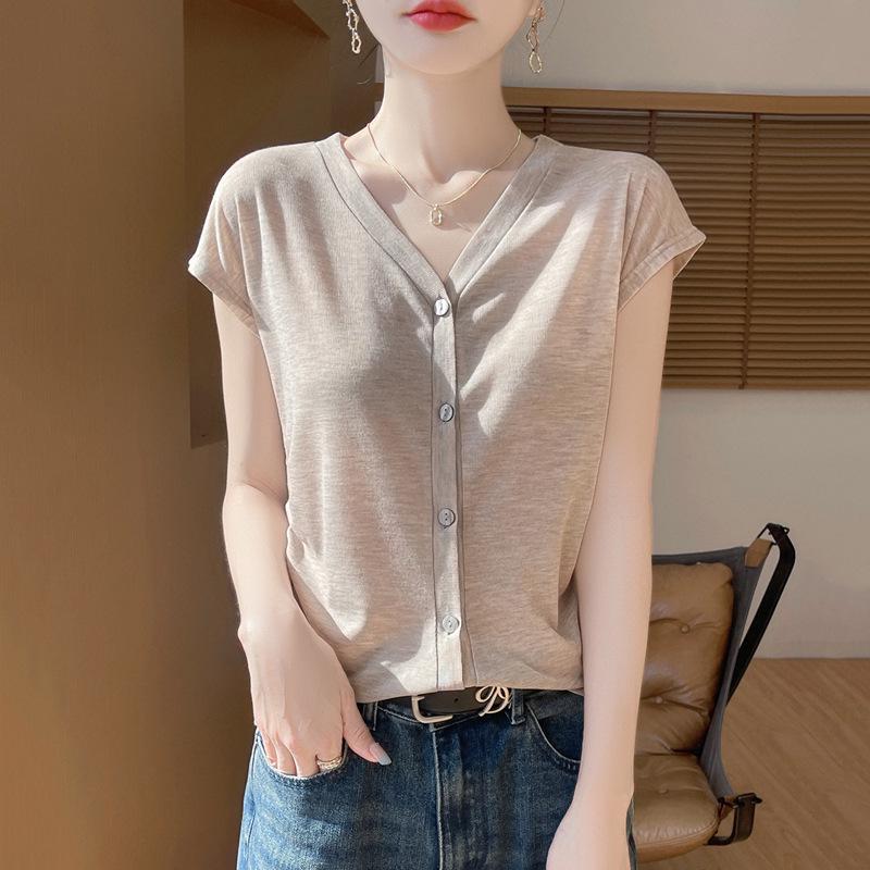 

Летний женский трикотажный кардиган с V-образным вырезом и короткими рукавами - Легкий и универсальный L