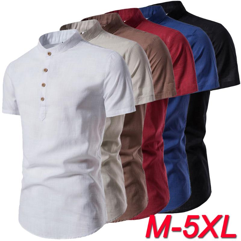 Baumwolle Leinen Herren Kragen Knopf Langarm Tops Sommer Grandad Shirt Bluse T-Shirt