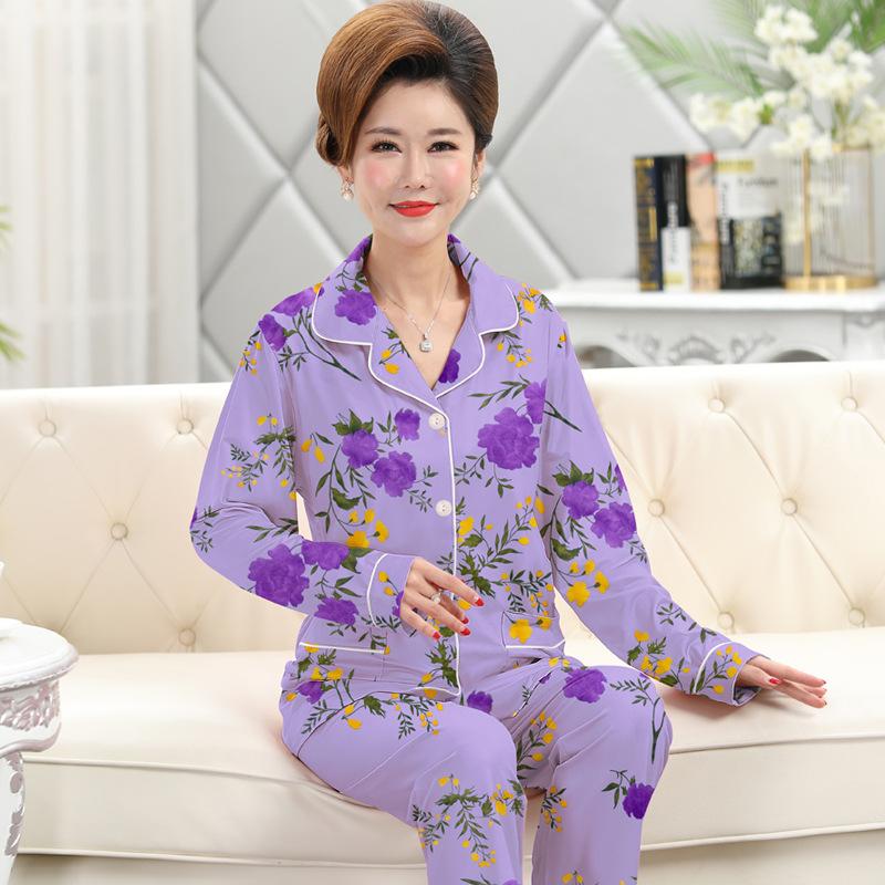 Frühlings- und Herbstpyjama Damen Imitationsbaumwolle langärmelig dünn hochwertig reiche Blume Mutter Loungewear-Set