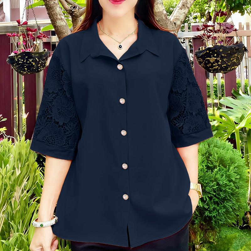 ZANZEA Women Casual Turn Down Collar Lace Splice Half Sleeve Blouse