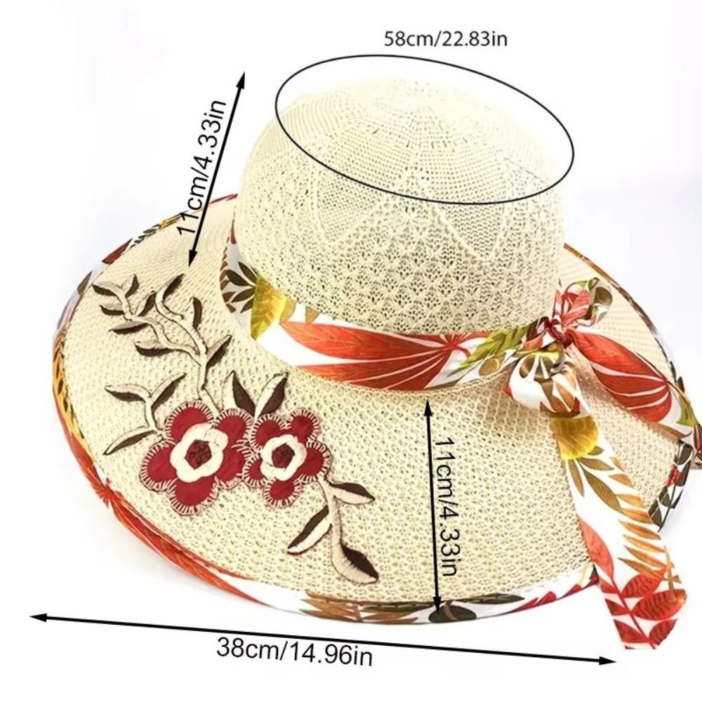 Foldable Flower Embroidery Hat Wide Brim Panama Hat New Straw Beach Cap  Outdoor Casual
