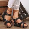 Summer New Muffin Thick-soled Wedge Sandals Women's Velcro Large-size Rivets Flat-bottomed Fish Mouth Sandals