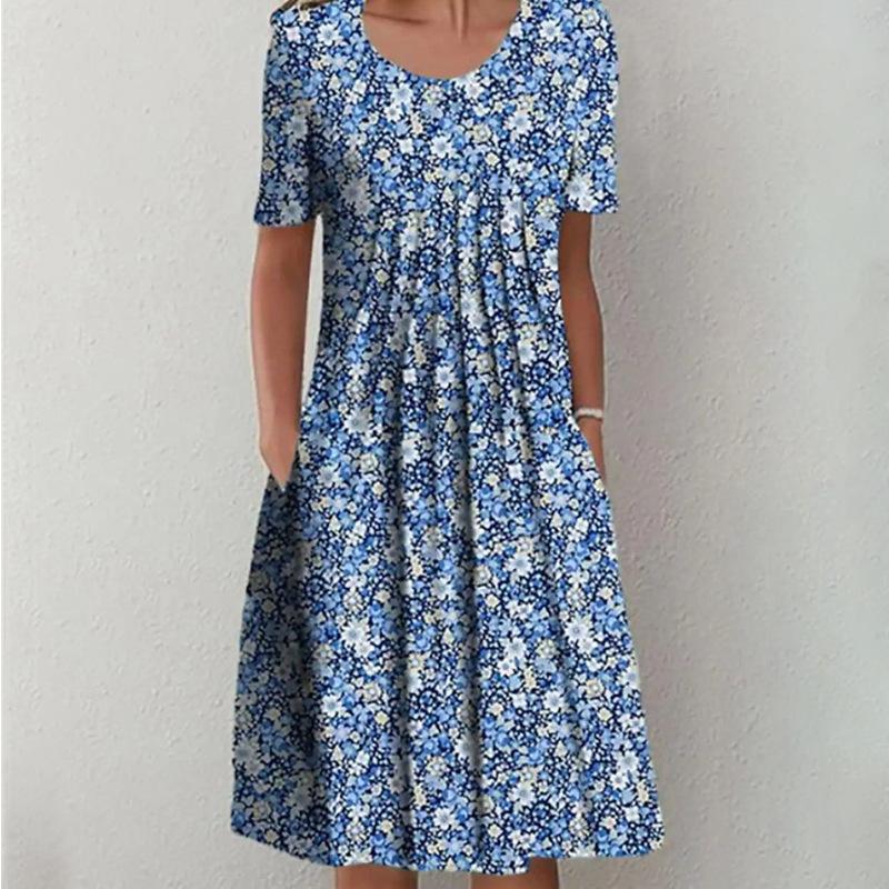 Spring and Summer Floral Print Crew Neck Pocket Women's Fashion Casual Crew Neck Trend Print Medium and Long Dress