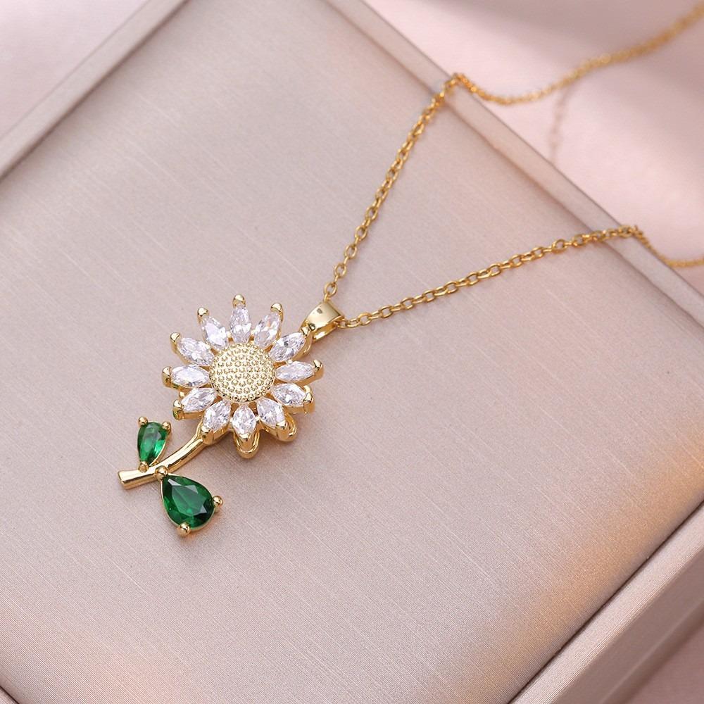 Gold Daisy Jewelry Set Rhinestone Sunflower Necklace Bracelet Ring Green Leaf Charm Elegant Wedding Gift For Women