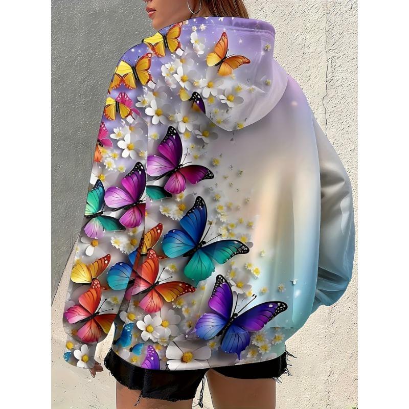 Chaqueta con capucha para mujer con estampado de mariposas y flores, cierre completo de cremallera - Diseño vibrante y colorido de mariposas y flores