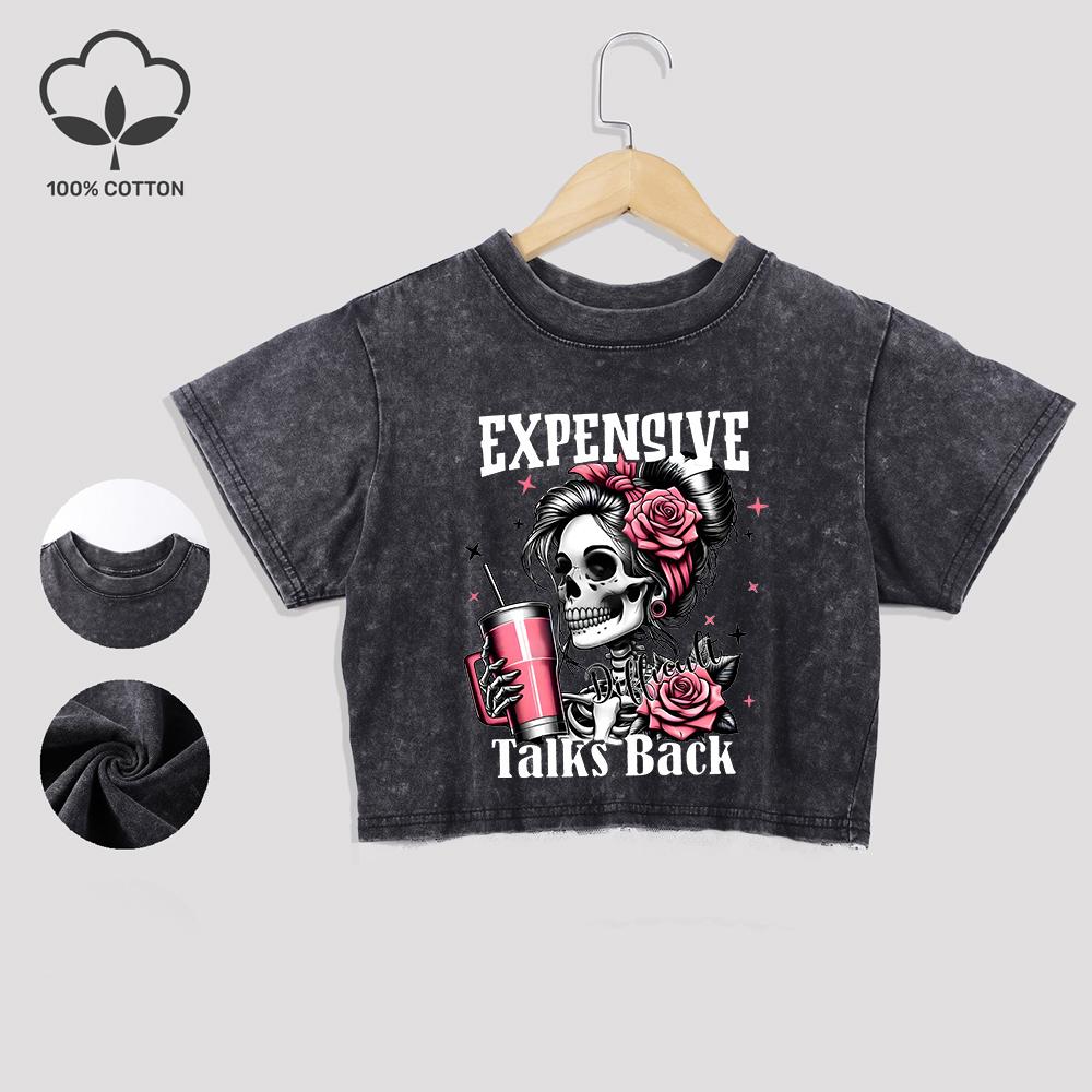 Expensive Talks Back Cotton Crop Tees All-Math Summer Lace Hem Washed T-Shirts O-Neck Distressed Short Sleeve Casual Clothes