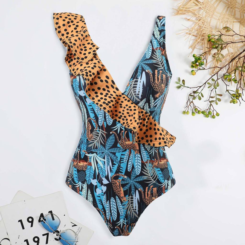 New Sexy One-piece Two-piece Swimsuit for Women Leopard Print Ruffled Chiffon Skirt Swimsuit Set