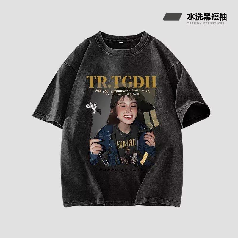 

American Style Fun Retro Hip-Hop Print Short Sleeve T-Shirt for Men Summer Ins Street Hip-Hop Loose Crew Neck Top M сірий колір