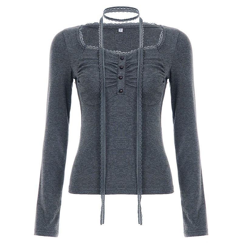 Korean-Style Simple Gray Pleated Square-Neck Lace-Trimmed Spicy Girl Base Shirt T-Shirt with Age-Reducing Ribbon Slim-Fit Top Gray S