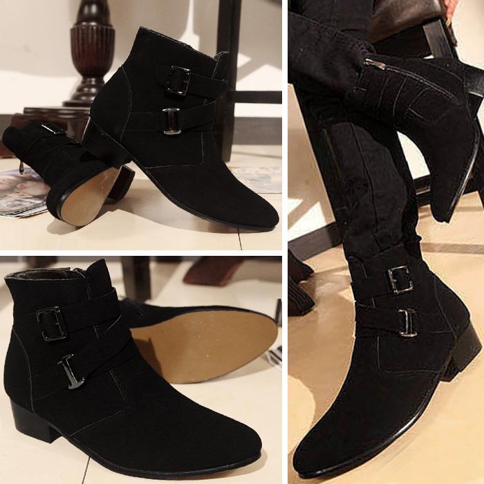 Men's Winter Plus Velvet Short Suede Boots – Korean Style, Trendy British High-Top with Inner Height Increase and Pointed Toe Design.