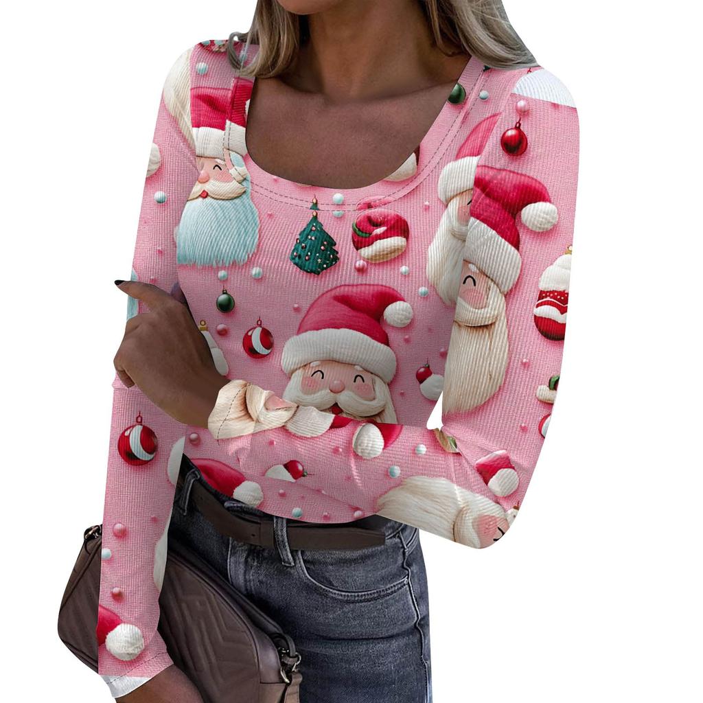 Women's Fashion Slim Bottom Casual Long Sleeve Christmas Printed Pullover U Neck Top