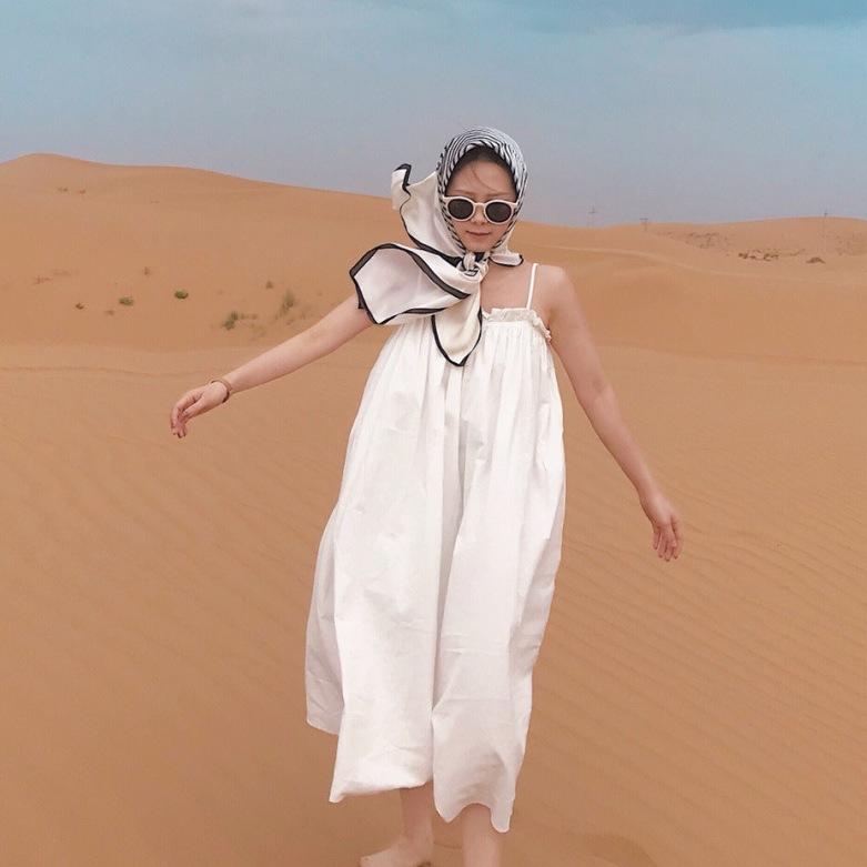 Fashion silk scarf small square scarf shawl striped retro desert photo concave sunscreen travel silk scarf scarf 70-70cm
