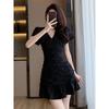 Retro Unpicky Little Black Dress Temperament Ruffle Edge Slim and Thin Dress Short Skirt