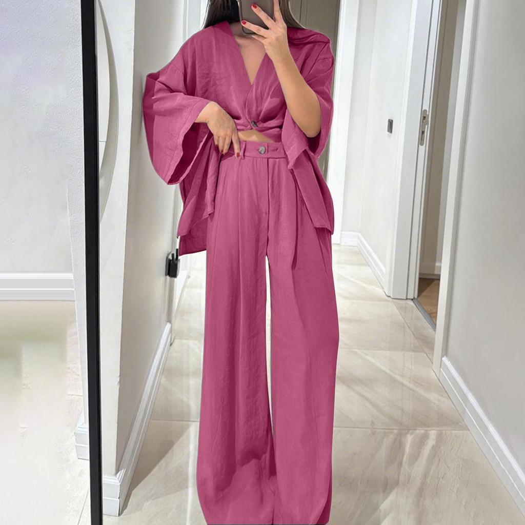 Two Piece Outfits For Women V Neck Button Down Shirt Top And Wide Leg Pants Set Loose Sweatsuits