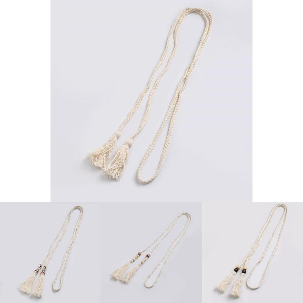 Ethnic Style Cotton Linen Waist Rope With Wooden Beads And Tassels For Casual Wear