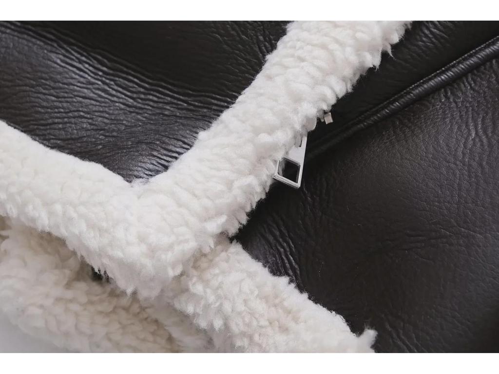 2023 Black Leather and White Fur Short Motorcycle Jacket - Autumn/Winter Street Style