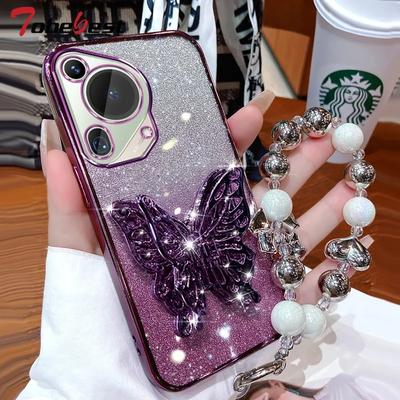 3D Butterfly Phone Holder Bead Bracelet Glitter Plating Case for Huawei Pura 70 Ultra P60 P50 P40 P30 P20 Lite Pro Back Cover