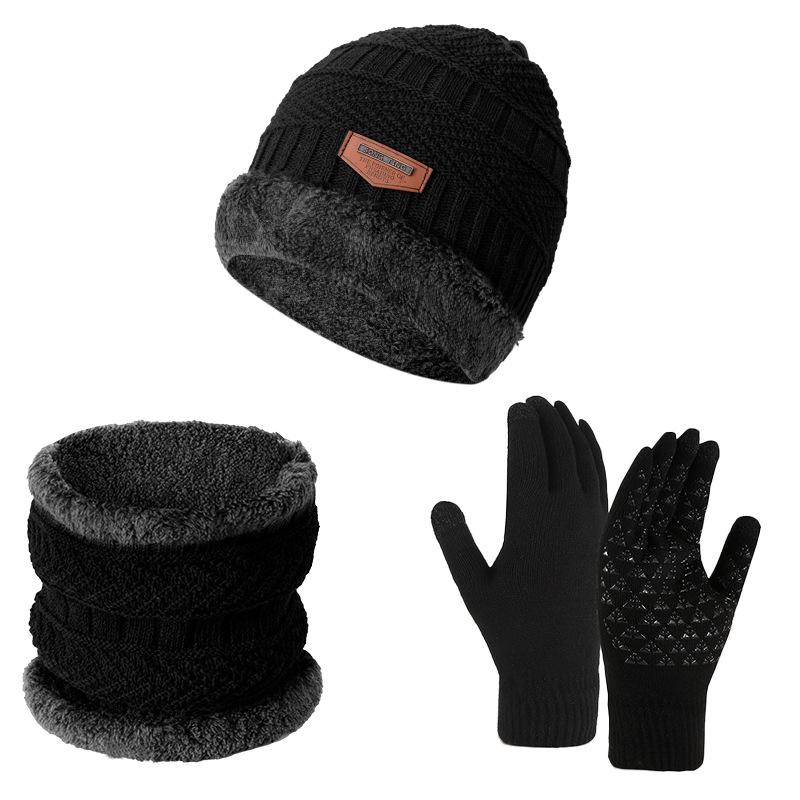 Winter Cycling Warm Set 3 Pieces Anti-Slip Touchscreen Fleece Lined Hat Scarf Gloves Unisex Black