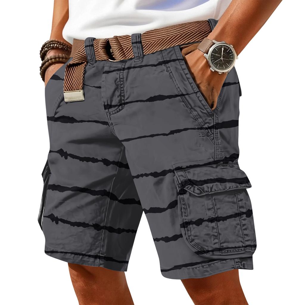 Men's casual trend striped printed short pants - Men's multi-pocket work- athletic shorts (without waistband)