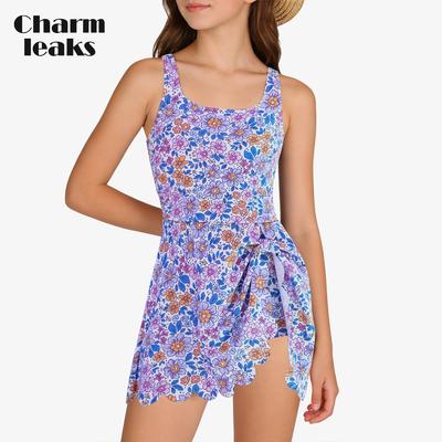 Costume da bagno intero da bambina con controllo pancia, vestito da bagno con bordo a festoni, taglia 7-16 anni
