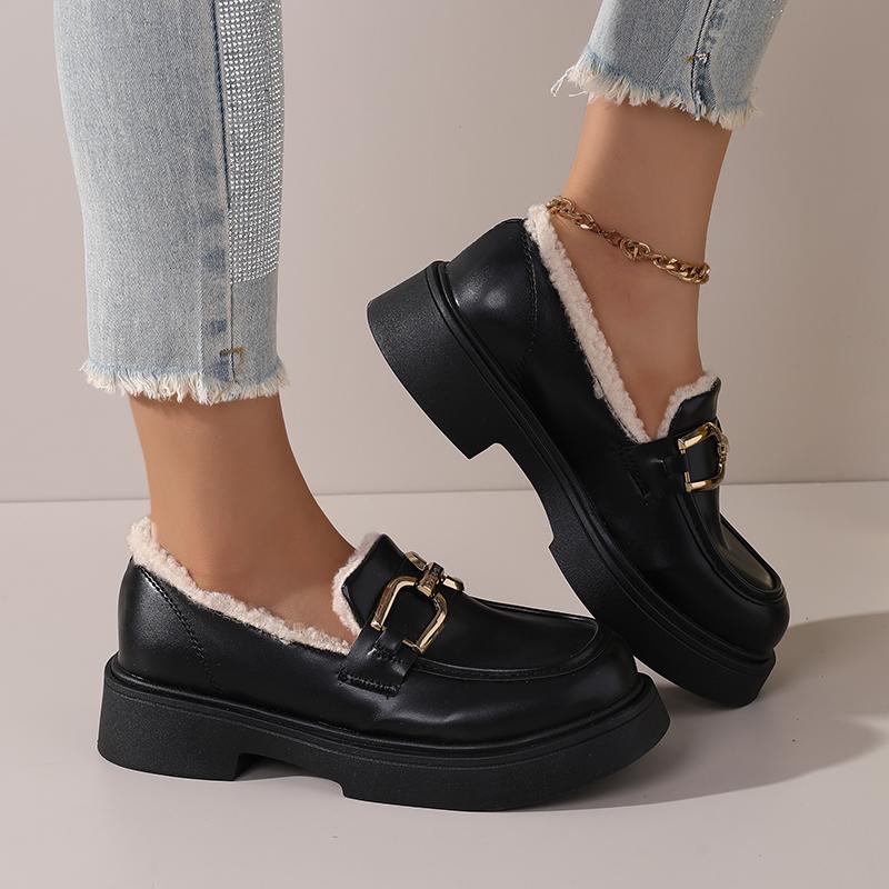 New Women'S Platform Loafers - Faux Fur Lined Winter Shoes Chunky Heel Slip On Casual Shoes Retro Metal Buckle Shoes