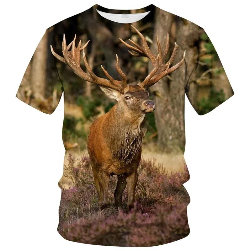

Футболки с принтом «Лесной олень» 3D, уличная одежда для мужчин, повседневная, свободного покроя, с коротким рукавом, футболки, топы, одежда S