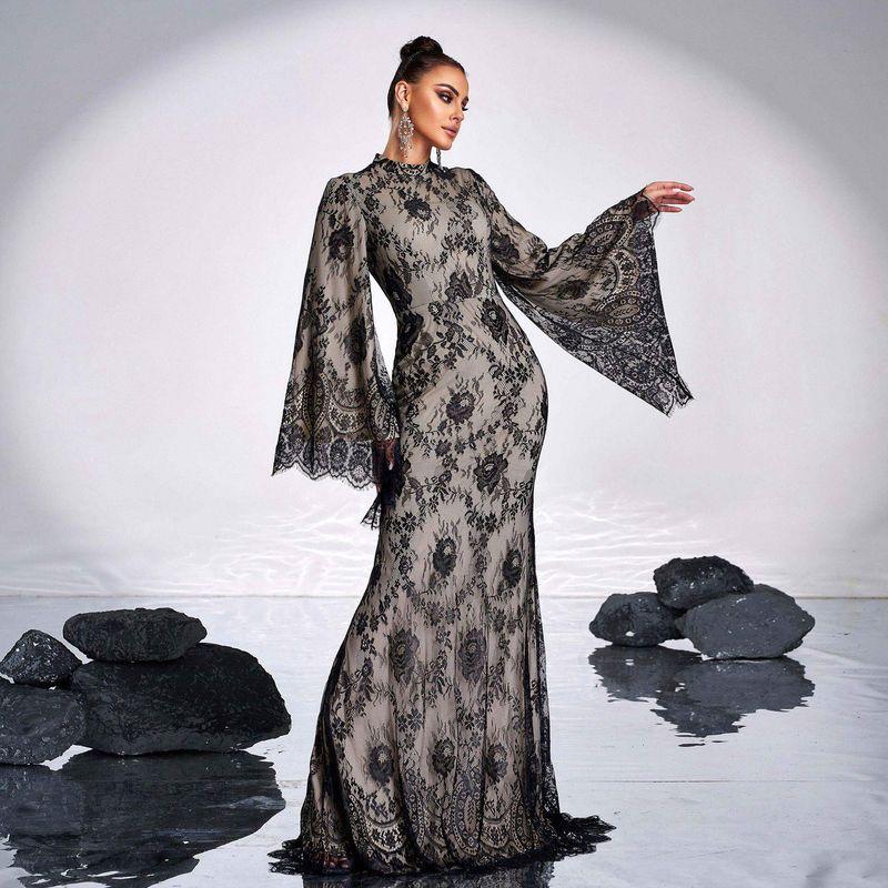 Cross-Border European and American High-End Long-Sleeved Elegant Round-Neck Sexy Long Lace Evening Dress Bridesmaid Dress for Women