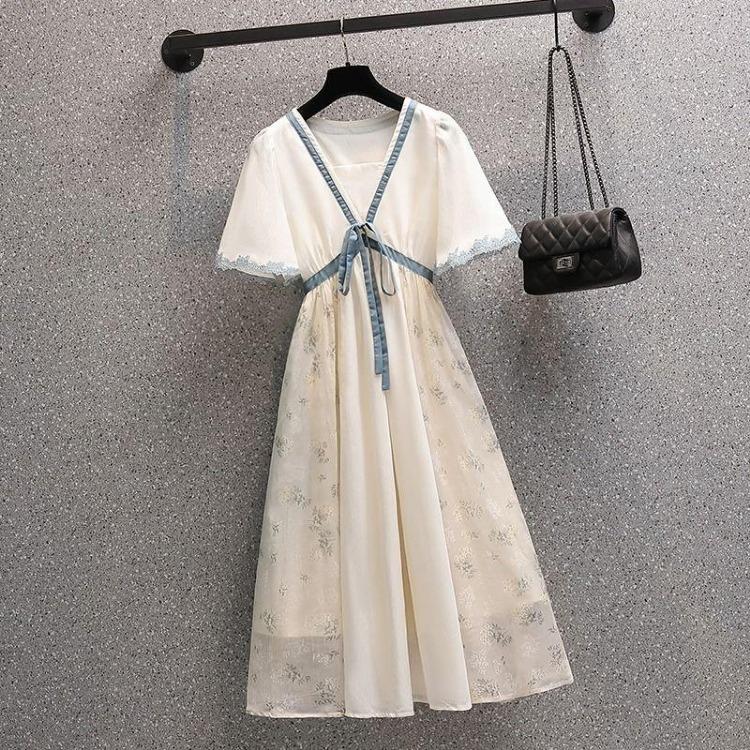 Women Summer New Plus Size Pregnant Dress Short Sleeve Lace V Neck Chiffon Sweet Thin Korean Dress