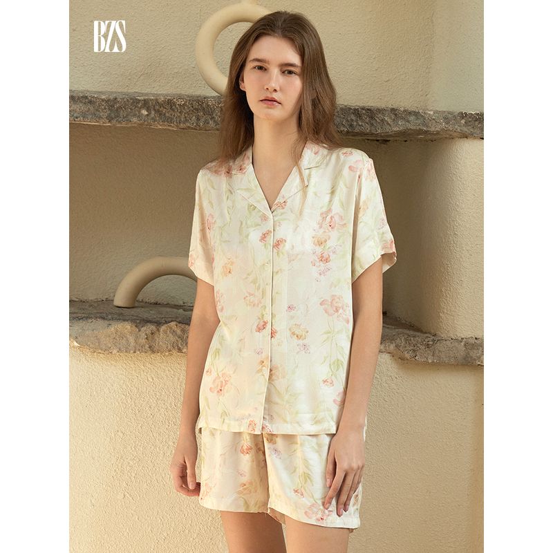 2024 New Arrival Rayon Satin Florals Print Short Sleeve Shorts Pajamas Suit Plaid Casual Suitable for Daily Wear Homewear