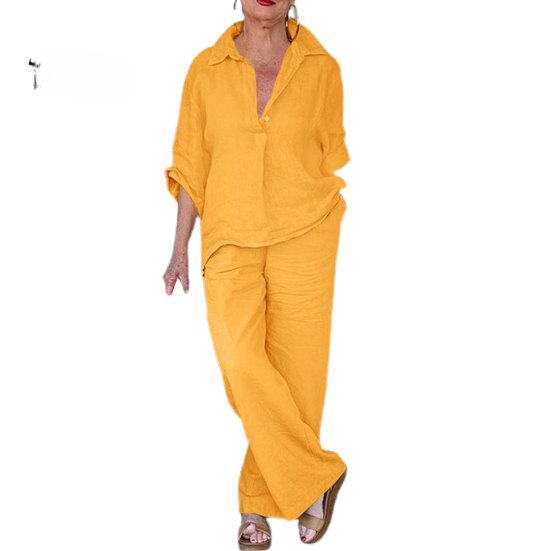 2Pcs/Set Classic 3/4 Sleeve Anti-pilling Casual Outfit Women Shirt Top Loose Long Pants Set Daily Garment