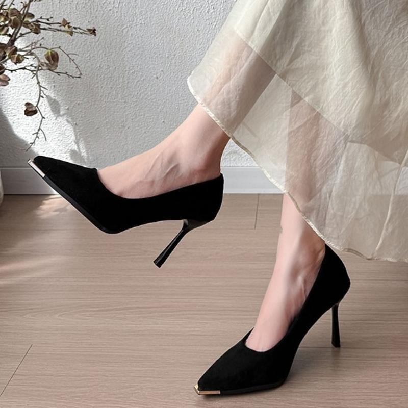 

New Fashion Women s Shoes Sexy Black High Heels Sharp Pointed Suede Pumps Elegant Shallow Mouth Etiquette Shoes Mujer Zapatos 35 чёрный