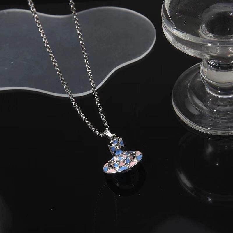 Empress Cixi Blue Pink Saturn Sphere Pendant Diamond Sweater Chain Necklace