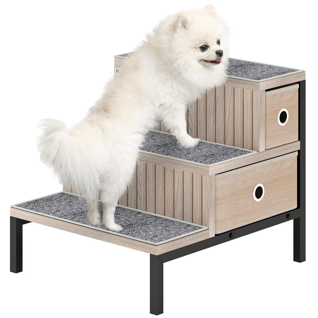 Dog Stairs with Storage, Non-Slip Cover, Pet Steps for Small Dogs & Older Cats, for Sofa, High Bed, Oak Tone