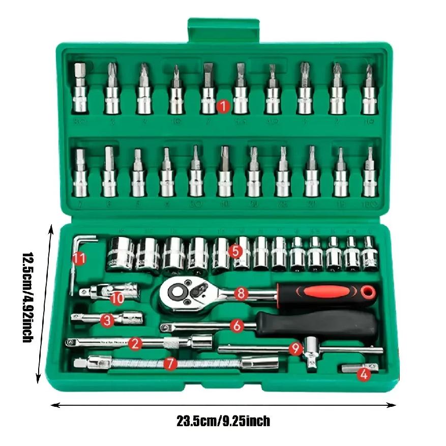 46Pcs Family Tools 1/4 Set Mechanic Tool Kits for Auto Repair Hous with Sockets Metric Hex Bit Socket Set Inch Ratchet Wrench