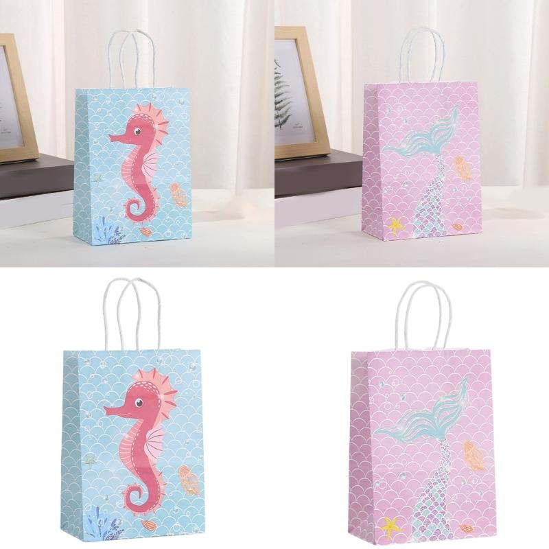 12pcs Mermaids Print Paper Gift Packaging Bag Ocean Themed Party Favors Bags with Handle Holiday Celebration Supplies