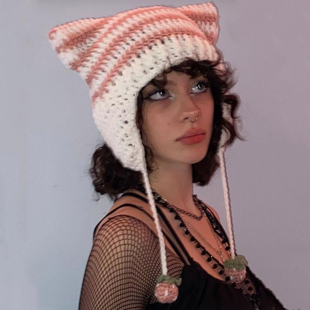Cat Ear Devil Hat Women Autumn And Winter Knitted Colorful Winter Knitted Hats Cool Photo Prop Y2K-GIRL