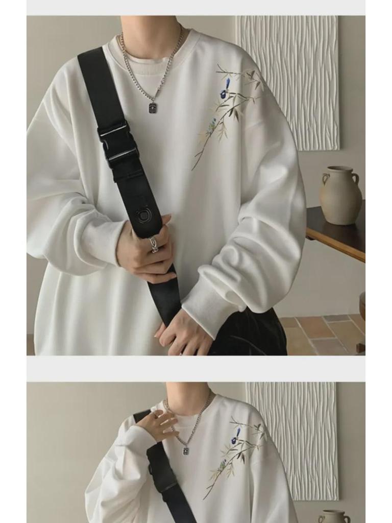 Trendiger weinroter Herrenpullover im chinesischen Stil, runder Kragen, lockere Passform, perfekt für Frühling und Herbst.