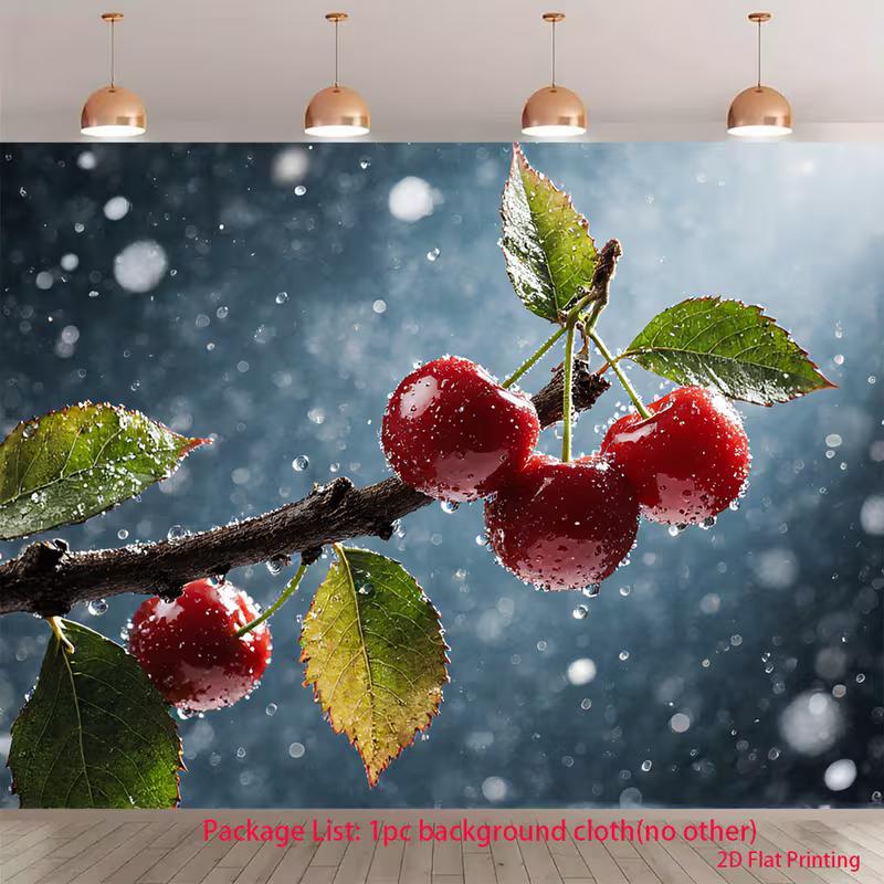 

2D Food Photography Backdrop 2D Wet Red Cherries Macro Photo Background for Themed Shoot 47.2x31.5inch/120*80cm