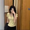 Women's Spicy Yellow V-Neck Short-Sleeve Slim Fit T-Shirt, Summer 2025 Design