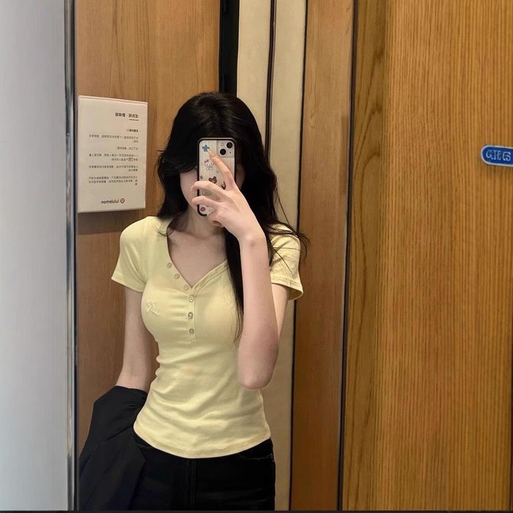 Women's Spicy Yellow V-Neck Short-Sleeve Slim Fit T-Shirt, Summer 2025 Design