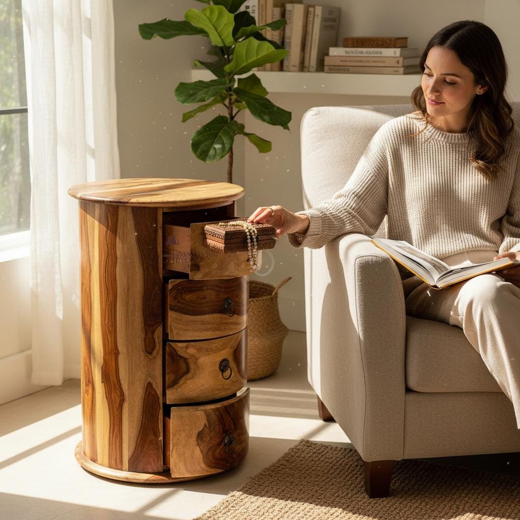 Wooden Round Nightstand | Solid Wood 3-Drawer Side Table, Wooden Chest of Drawer-Storage Desk Solid Wood Cupboard | Unique Drawer Dressers
