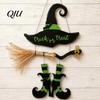 Witch Hat Wall Decor Halloween Boot Sign, Hanging Trick or Treat Decoration Reusable Sign for Home Room, Wooden Front Door Hanger Holiday
